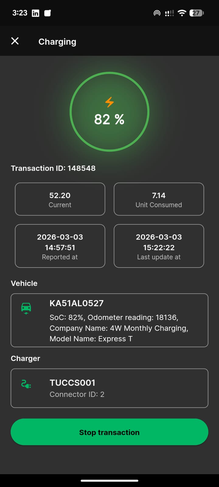 PowerPod mobile app — charging session detail
