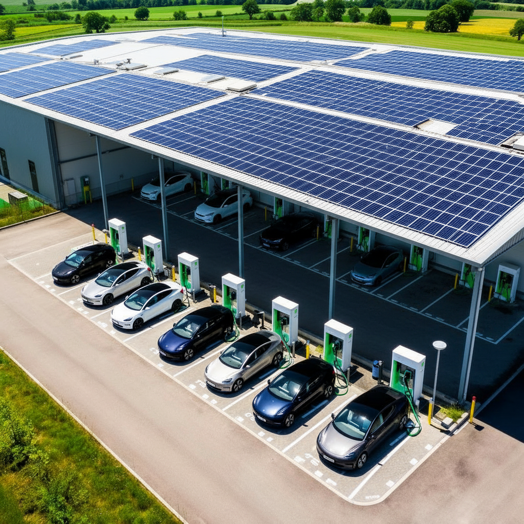 EV charging hub with rooftop solar panels powering fleet charging